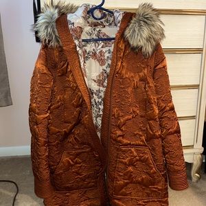 Free People Rust Orange Satin Jacket Detachable Faux Fur Trim Detachable Sleeves